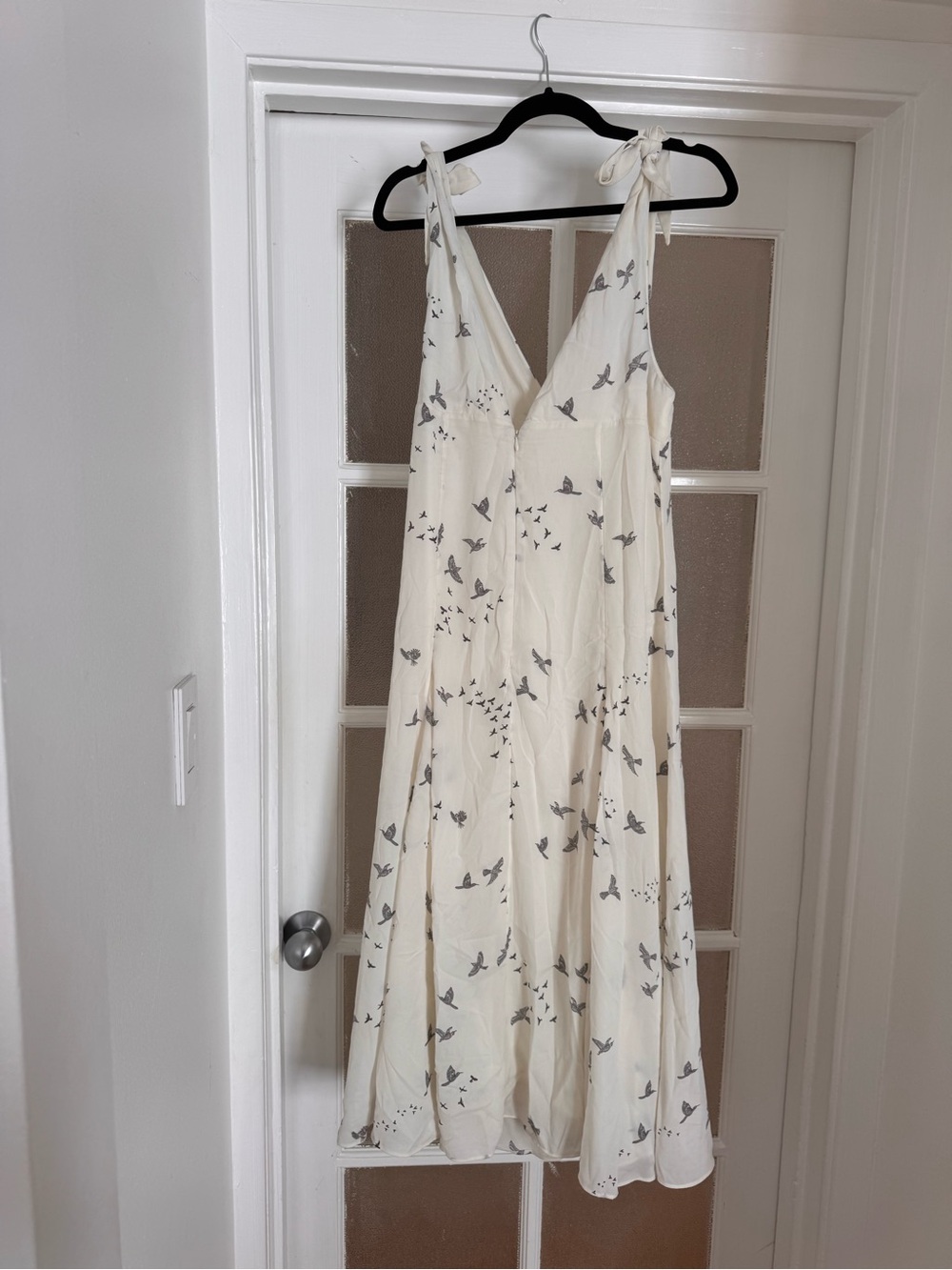 H&M Cream Midi Dress with Gray Bird Print and Tie Straps - Picture 5 of 7